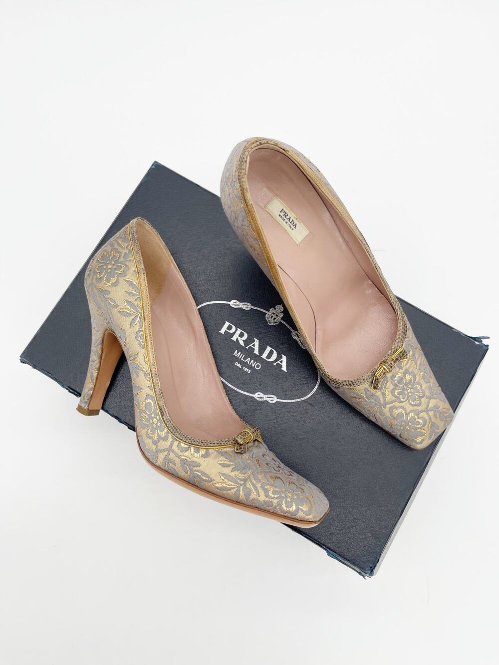 Prada Vintage Retro Gold Floral Brocade Snakeskin Bow Square Toe Heels IT 38